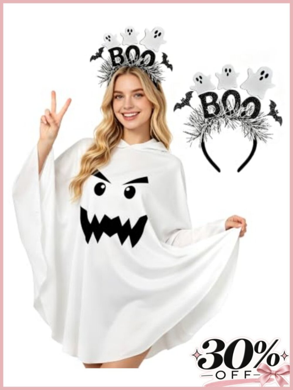 Ghost Poncho Costume Set with Hooded Cape and Headband One Size Adult Halloween
